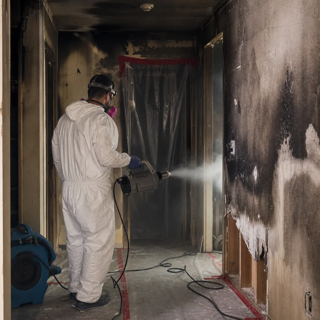 Technician performing professional fire and smoke damage restoration in a hallway