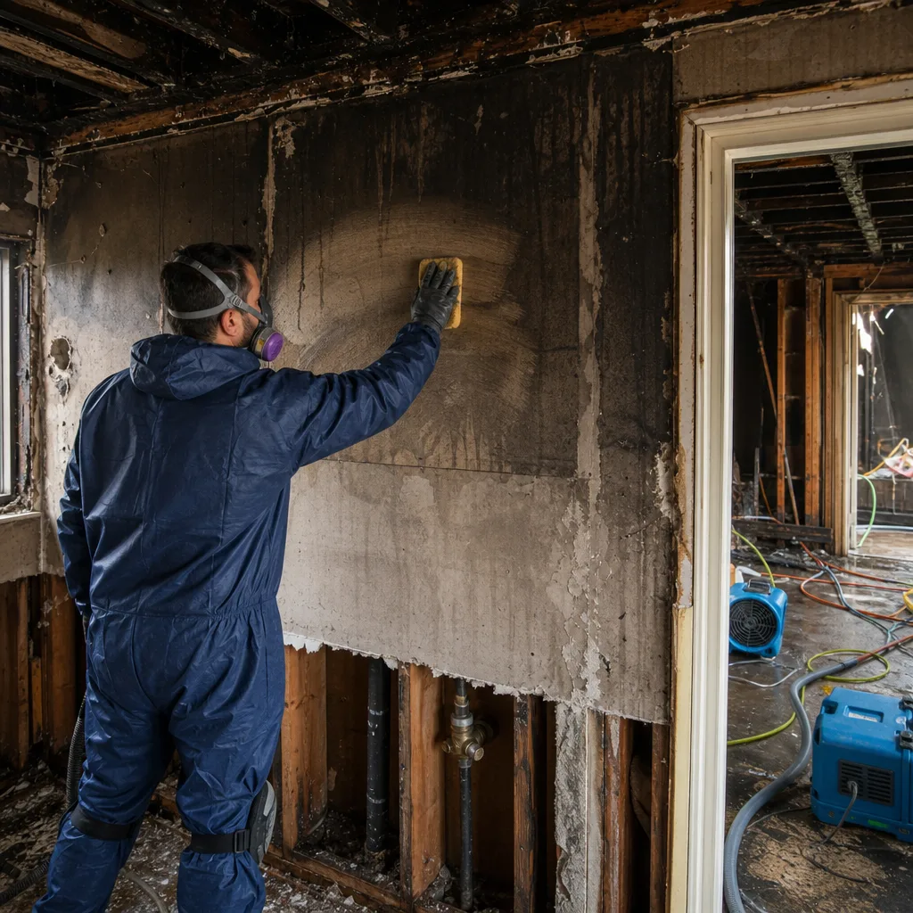 Professional technician performing fire and smoke damage restoration on a charred wall
