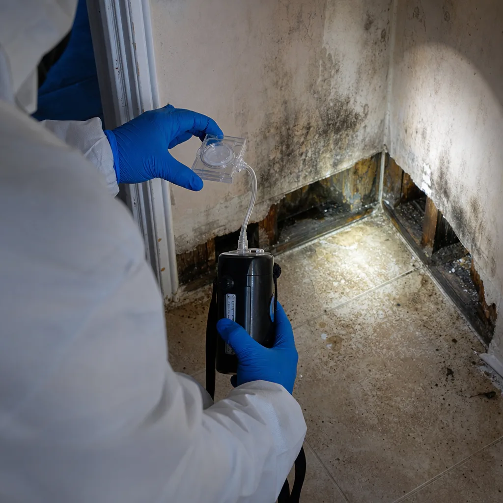 Professional technician performing mold air quality testing in a home
