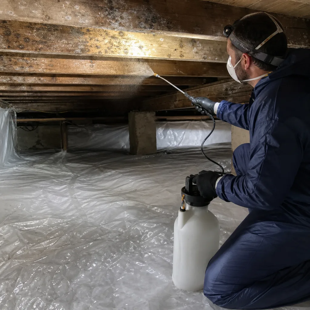 Technician performing professional mold remediation in a residential crawl space