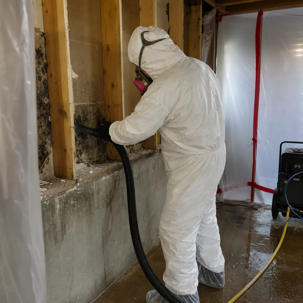 Technician in hazmat gear performing professional mold remediation on basement walls.