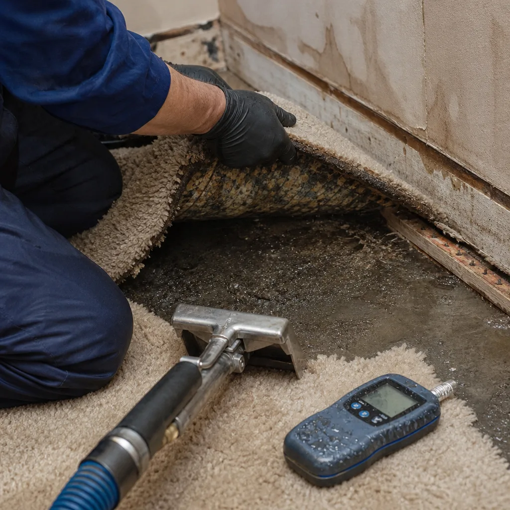 Water damage restoration professional inspecting wet flooring with moisture meter